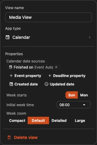 Calendar configured to use Finished on as its date source