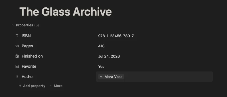 The Properties panel for The Glass Archive, showing text, number, date, checkbox, and block-reference fields