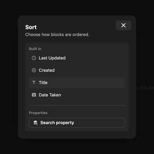 Sort panel with built-in sort fields, Title selected, and property search